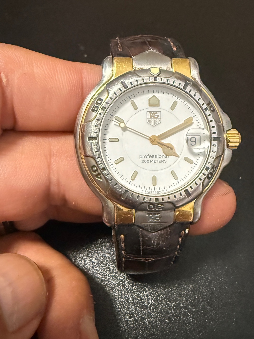 Tag Heuer Two-Tone Silver and Gold Dial Watch with Brown Strap